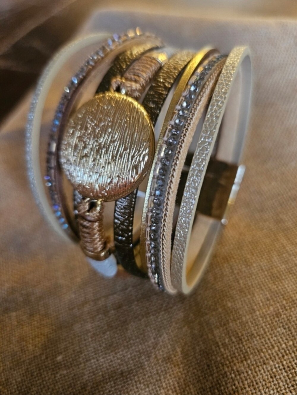 Multi-Row Gold and Champagne Women’s Wrap Bracelet. Lightweight. Beautiful!